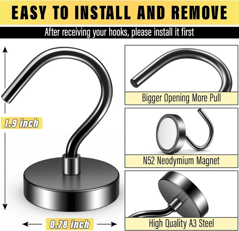 Junarter 6 Pack Black Metal Magnetic Hooks,40lb+ Heavy Duty Strong Magnets with Hooks for Cruise Ship Walls,Strong Magnetic Kooks Heavy Duty for Cruise Cabins,Hanging,Grill,Tool,Kitchen - Image 2